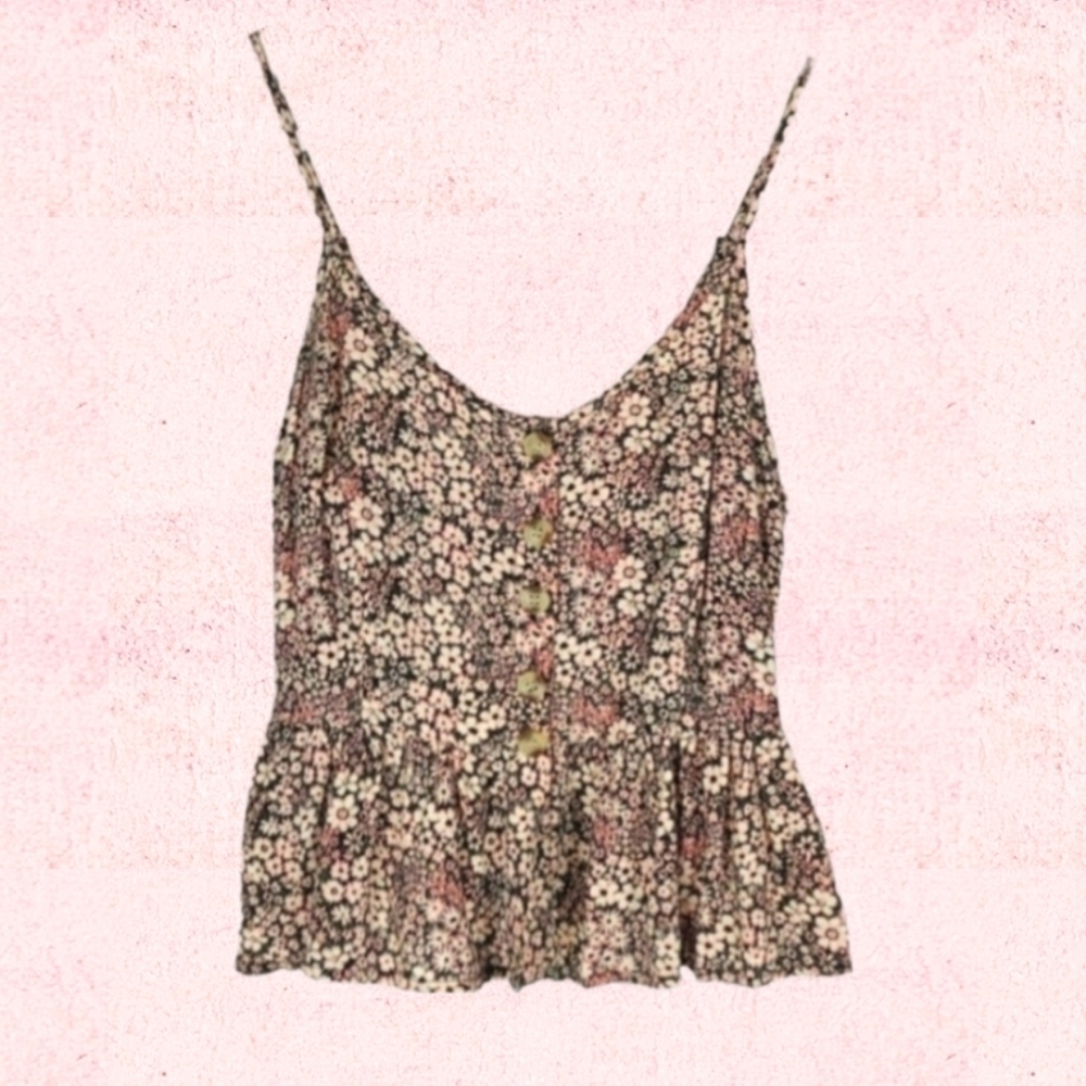 Floral Peplum Cami Top in Light Pink, Tan, and Soft Black, Womens XS